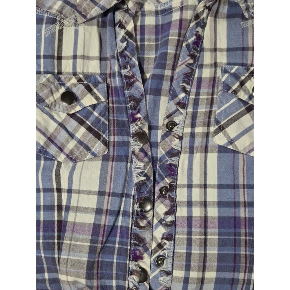 Arizona Jean Co Y2K Women's M Blue Purple White Plaid Shirt Frayed Snap Buttons - Picture 3 of 8